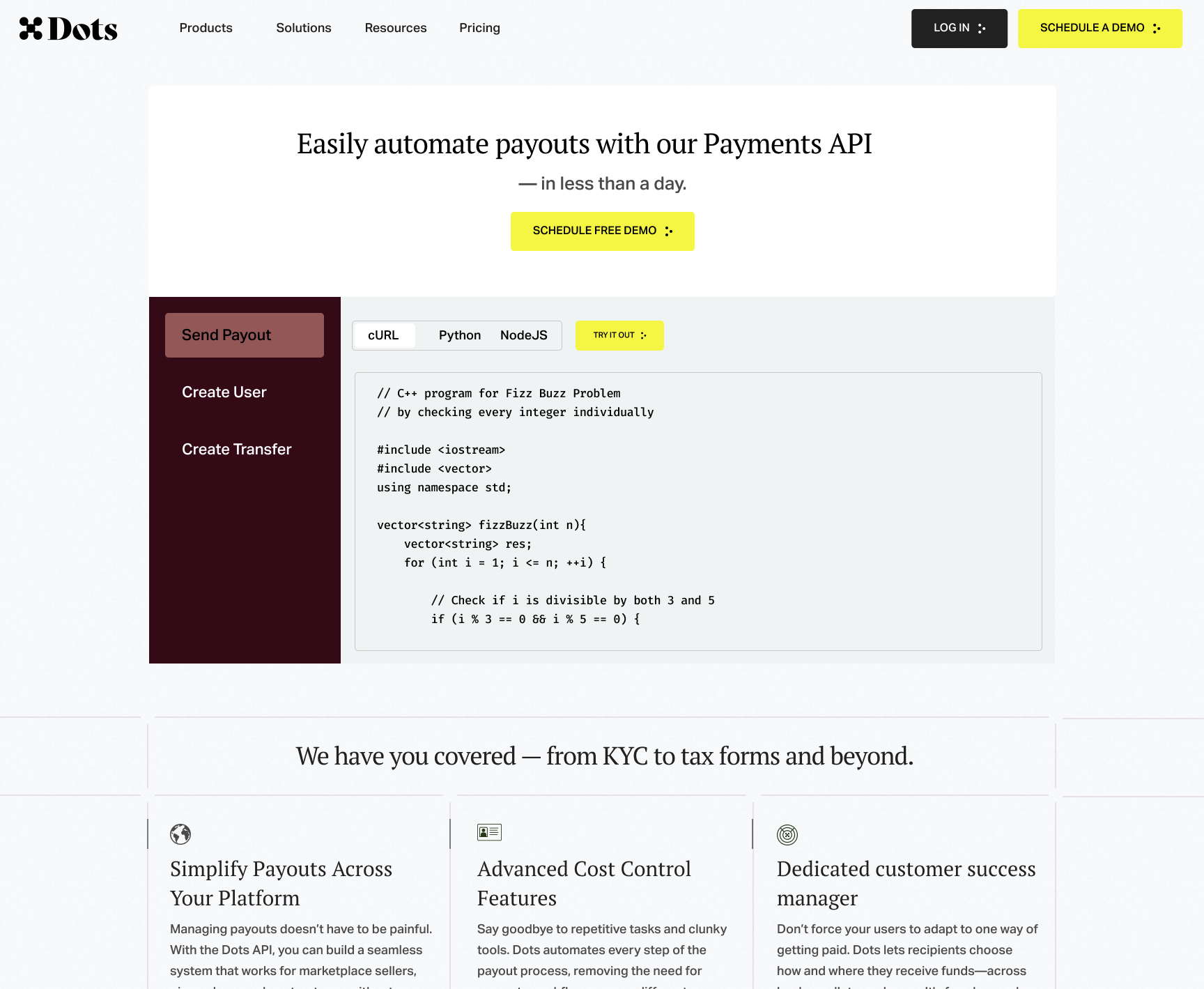 Dots Payments API desktop page